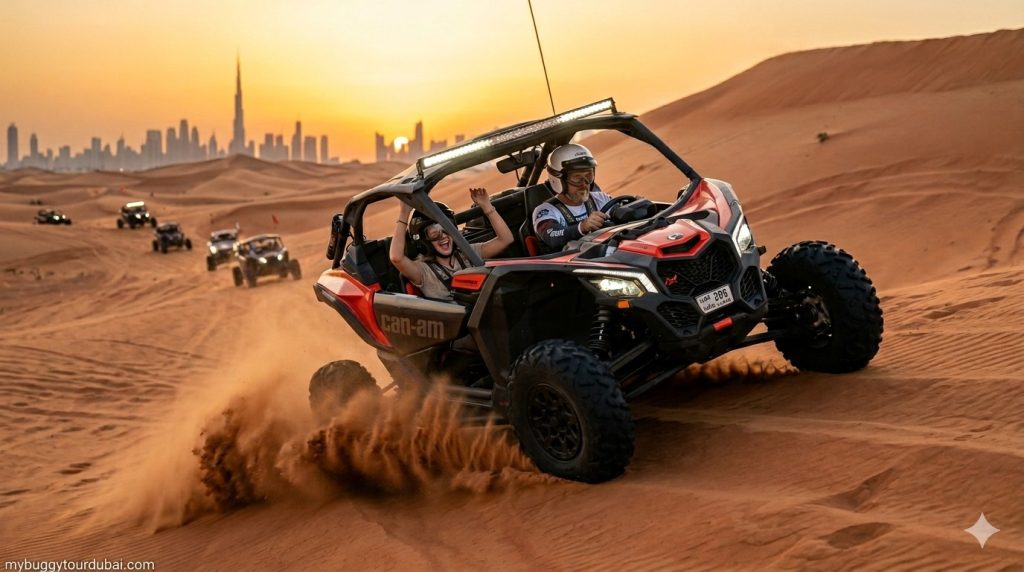 Adventure seekers riding a dune buggy across the golden desert dunes during a Dune Buggy Tour Dubai experience.