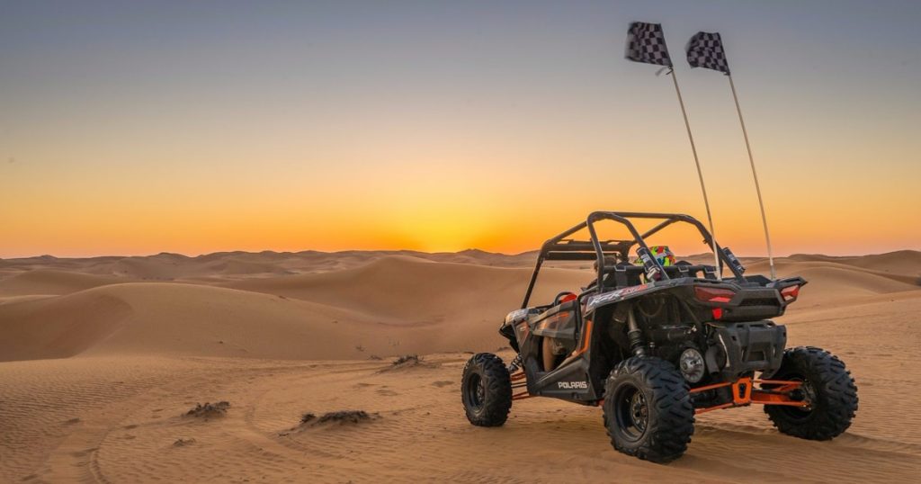 Golden hour sunset view of a self drive buggy Dubai tour.